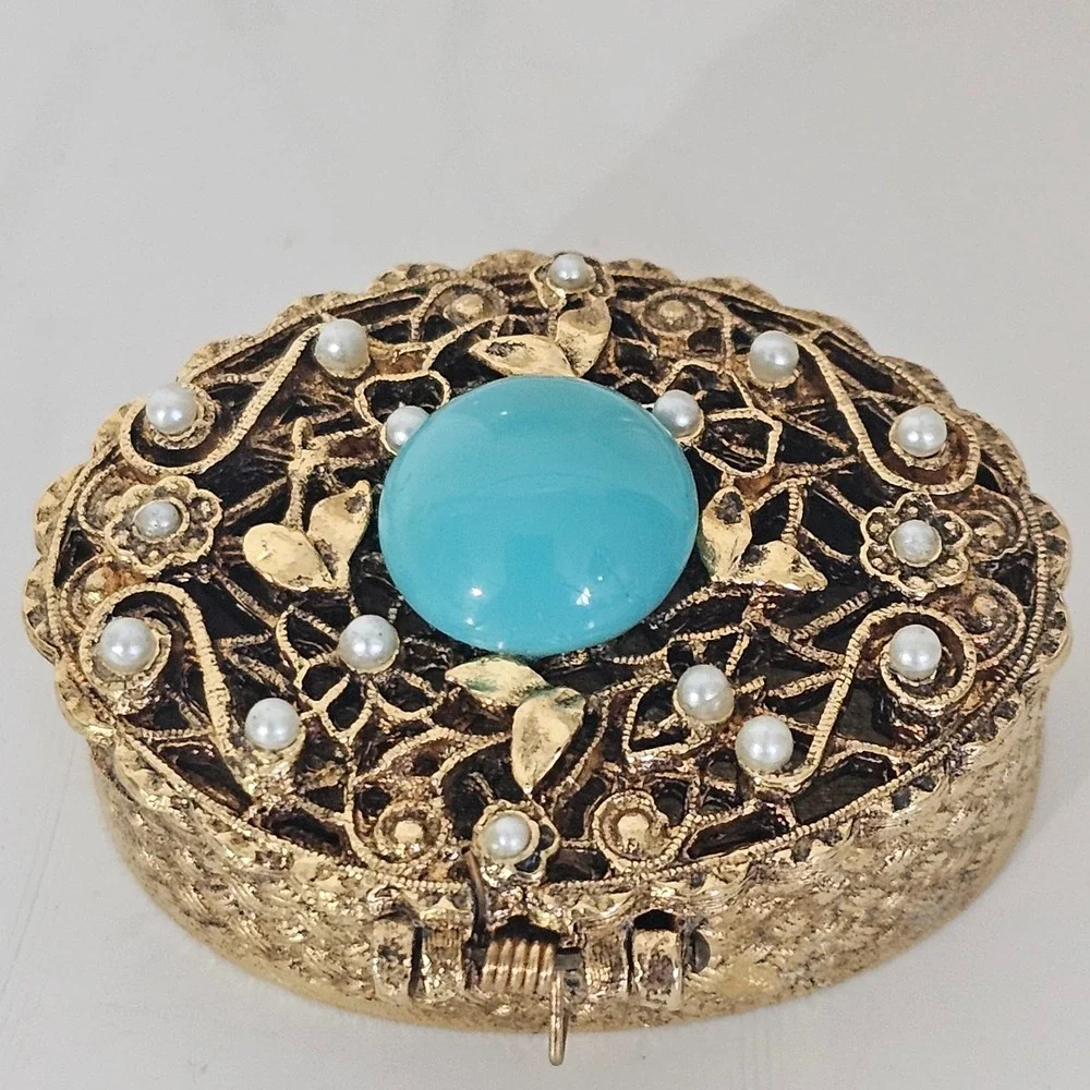 Vintage Gold Tone Filigree Pill Box Set Turquoise Blue Cabochon Faux Pearl 2pc